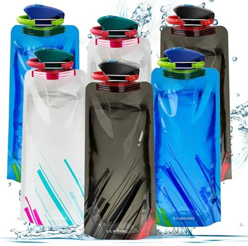 Sunshine smile 6 Stück Faltbare Trinkflasche,Wiederverwendbare Wasserflasche,700ML Faltbare Trinkflasche Set,Tragbarer Zusammenklappbare Wassersack,Faltbare Flexible Wasserflasche für Unisex Adult