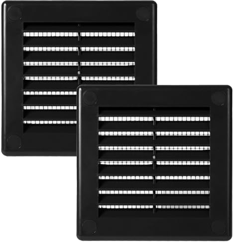 Vent Systems Lot de 2 grilles d'aération noires - 100 x 100 mm - Fentes d'aération plates et carrées - Protection contre les insectes intégrée - Ouvertures d'aération CVC pour salle de bain, bureau à