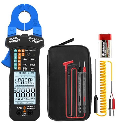 AIOMEST Digital Multimeter, 6000 Counts True RMS Zangenmultimeter, 6-60A Strommessgerät für AC DC, 600V Spannung Auto Range Strommesszange, NCV, Widerstand, Dioden, Durchgangsprüfung, Kapazität, 7200E