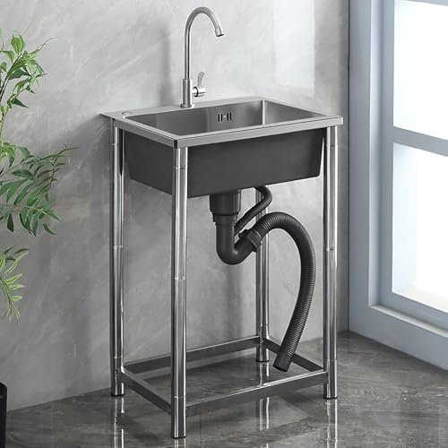 Yuezouikl Fregaderos De Cocina Independiente,Comercial Regadero Exterior Jardin De Acero Inoxidable Funcionamiento Silencioso con Grifería Monomando Y Conductos De Agua Fría Y Caliente,75x45x75CM