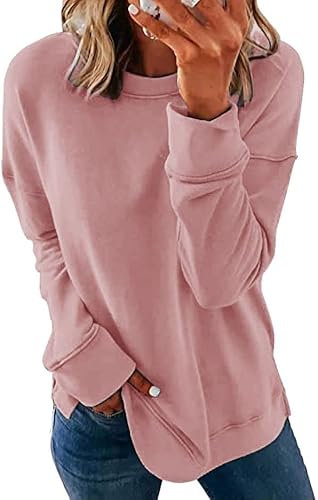SMENG Sweatshirt Damen Casual Einfarbig Rundhals Damen Loose Pullover Sweatshirt Baumwolle Pullover Damen Pulovererdamen Rosa XXL