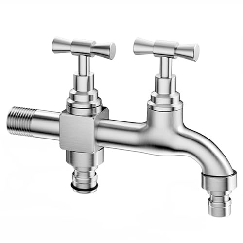 SXWYLZ Grifo Jardin 1/2 Doble Salida Grifo Doble de Pared Exterior Jardin Acero Inoxidable Válvula de Doble Salida para Grifo Y Manguera de Jardin,150Mm