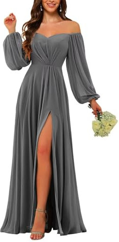 HPPEE Grey Long Sleeve Bridesmaid Dresses with Slit for Wedding Party Fall Chiffon A Line Formal Party Gown UK22