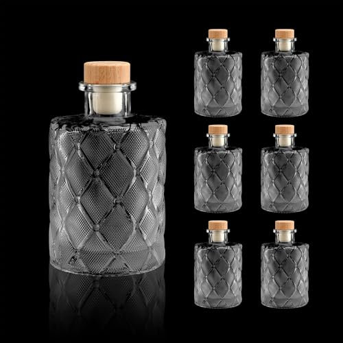 Clear Glass Bottles 6 oz - 200ml [Pack of 6] Heavy Base Glass Bottles with T-Top Cap for Wine Beverages Drinks Oil Vinegar Kombucha Beer Water Soda with Cork Stopper Airtight Lid (Argyle)