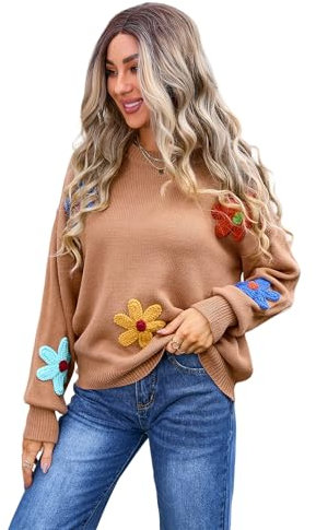 HEYPORK Damen Herbst Winter Warm Bequem Pullover Casual Mode Strickpullover Frauen Blume Lose Rundhals Pullover(Khaki, M)