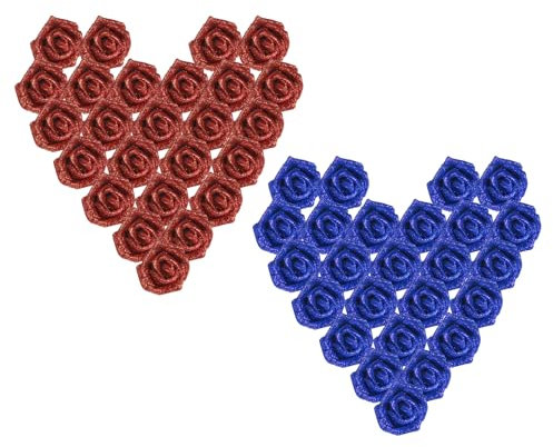 PATIKIL Glitter Roses, 50 Pcs Foam Artificial Flowers Roses Heads Real Looking Fake Flower Bulk with Stem for DIY Wedding Bouquet Centerpieces Wreath Home Party Decoration,Red/Blue