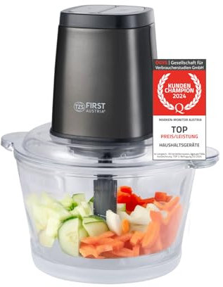 TZS First Austria Zerkleinerer | 1.7L Glasbehälter | 500W | 2 Geschwindigkeiten | Multizerkleinerer | Anti-Slip-Boden | Edelstahl | Grau