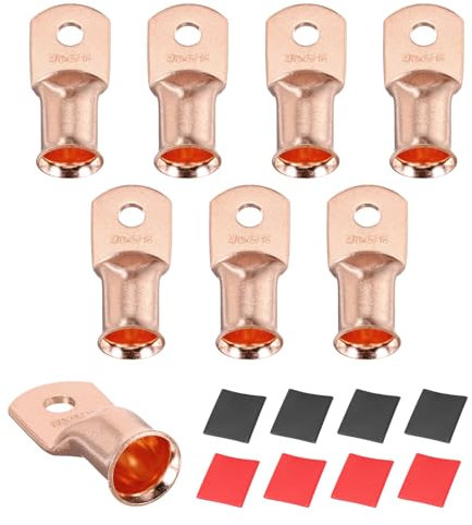 sourcing map 8pcs 4/0 AWG M8 Battery Lugs Ring Terminals, 5/16 8mm Stud Crimp Wire Terminal Connector End Copper, 3:1 Heat Shrink Tubing, Gold