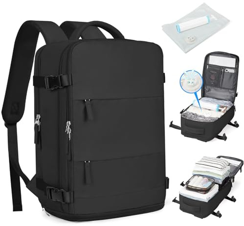 SZLX Mochila de Viaje con Bomba de Vacío, Mochila Airbag Equipaje de Mano Mujeres, Ryanair Mochila de Viaje Tamaño Cabina con Bomba Maleta de Vacío Impermeable para Hombre(Negro,con Vacío)