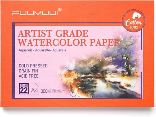 Fuumuui 100% Cotton A4 Watercolour Paper- Upgraded Version 22 Sheets | Cold Pressed Watercolour Paper Block - 140LB/300GSM Art Paper for Watercolour Gouache Ink