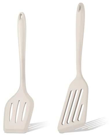 Herogo Silicone Spatula Pack of 2, Heat Resistant Turner for Cooking, Khaki | Slotted Kitchen Spatula for Frying Flipping Egg Fish Pancakes, for Non-Stick Cookware Pan, Scratch Resistant, Dishwasher Safe
