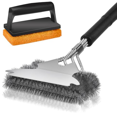 Brosse Barbecue avec Grattoir, 3 en 1 Grille BBQ Brosse de Nettoyage Métallique, Accessoires de Barbecue, 43CM Poignée Extra Longue pour Tous Les barbecues, Usage Maison, Restauration et Commercial