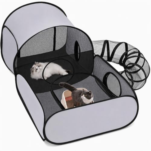Katzengehege Katzenzelt Katzenkäfig, Haustiergehege, Grau, S | Iaufstall Kühl Katze Spielgehege, Gehege für Kleintiere, Katzenhaus Zelt, Klappbares Gehege mit Spielzeugtunnel