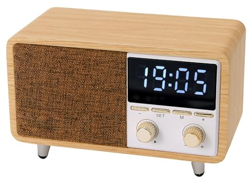 Retro Bluetooth Speaker and Clock Radio, Wooden Vintage FM Radio with Dual Alarm, Loud Sound, Dimmable LED Display for Bedroom Nightstand, Office Desk | Rechargeable, Knob Control, TF & AUX