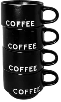 Espresso Cups 4 oz, Set of 4 Stackable Ceramic Demitasse Mugs, Matte Black “COFFEE”, Microwave & Dishwasher Safe Small Coffee Shot Cups for Macchiato, Ristretto, Turkish Coffee