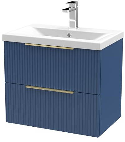 Balterley Vanity Unit with Basin Wall Hung, 2 Drawer Soft Close with Mid Edge Sink and Handles, Bathroom Vanity Units with Basin, Fluted Front Sink Cabinet - 610 x 390 x 540mm (Blue)