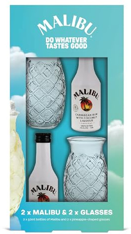 Malibu Coconut Rum Gift Set – 2 x 5cl Miniatures 18% ABV with Mini Pineapple‑Shaped Glasses – Tropical White Rum Taster Set by Blue Tree Gifts