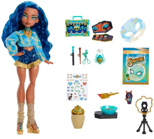 Monster High Self-Scare Secrets Cleo De Nile Puppe | Unboxing-Zubehör-Set mit 13 realistisch aussehenden Überraschungen wie Gesichtsmaske, Make-up & Töpferset, JMG74