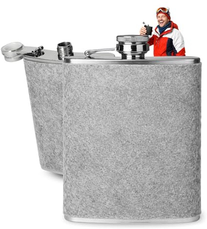 Edelstahl Flachmann mit Filz - kompakter Edelstahl Trinkbehälter 230 ml | Outdoor, für unterwegs, hochwertig, praktisch, Geschenkidee, langlebig, vielseitig