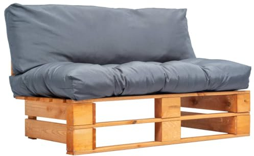 Fangmaliuyun Gartensofa Paletten Design 110x66x65 cm aus kesseldruckimprägniertem Kiefernholz mit grauen Polstern wetterfest und platzsparend für Balkon Terrasse und Wohnzimmer