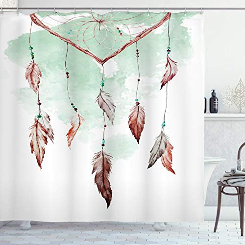 ABAKUHAUS Traumfänger Duschvorhang, Dreamcathcer Tradition, Stoffliches Gewebe Badezimmerdekorationsset mit Haken, 175 x 200 cm, Grün braun
