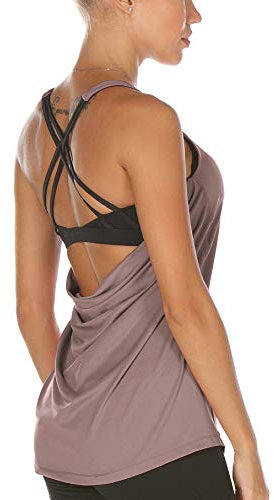 icyzone Damen Sport Yoga Top mit BH - 2 in 1 Fitness Shirt Cross Back Gym Sport Tank Top (S, Mauve Shadows)