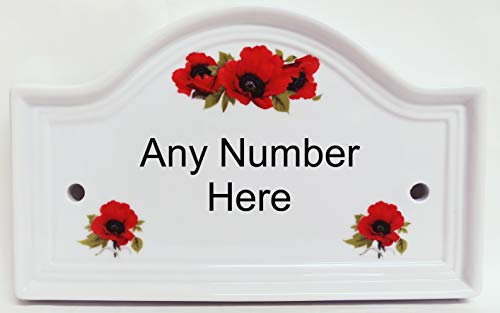Placa de cerámica personalizable con número de amapolas rojas para la puerta o el hogar, cualquier número disponible, decorada a mano en Reino Unido