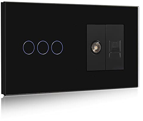 BSEED Touch Lichtschalter mit Steckdose 3 Fach 1 Weg mit Cat5 RJ45 Steckdose TV Antenne Koaxial und Ethernet Wandsteckdose Glas Platte Steckdose mit Lichtschalter Schwarz