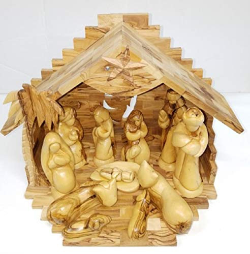 Geschnitzt aus Bethlehem Olivenholz Weihnachten Weihnachtskrippe Geschichte-Set mit Stall (27,9 cm Musikstall mit 12,7 cm gesichtslosen Figuren)