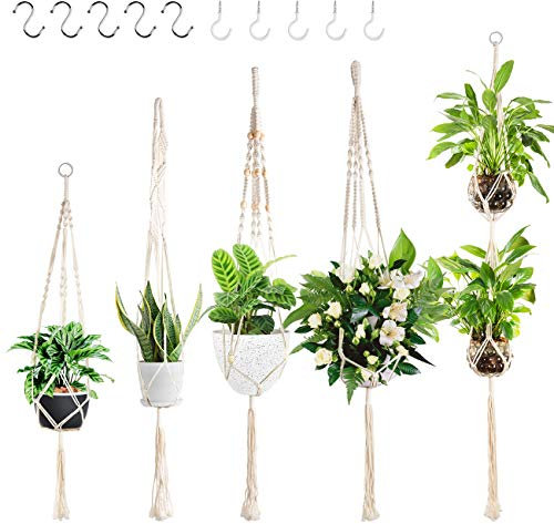 Fohil 5 Pack Macrame Plant Hanger, Wall Hanging Planters Basket, Plant Pot Hangers with 10 Hanging Hooks, Cotton Rope Flower Pots Hanging Plant Holder Stand for Indoor Outdoor Home Ceiling Decor