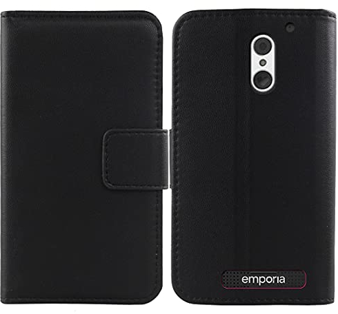 Lankashi Flip Echt Leder Tasche Für Emporia SMART.4 / SMART.S4 5 Hülle Lederhülle Handyhülle Handy Tasche Book Brieftasche mit Kartenfächer Schutz Abdeckung Premium Cover Case Etui (Schwarz)