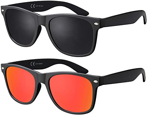 La Optica B.L.M. Herren Sonnenbrille UV400 Retro Vintage - Doppelpack Set Matt Schwarz (Gläser: 1 x Grau, 1 x Rot Verspiegelt)