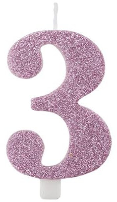 Candela 3 Tre MALVA GLITTER numerale h 9,5cm - colore LILLA viola chiaro glitterato - Candelina per Torta e dolci - candela di compleanno in cera a forma di numero