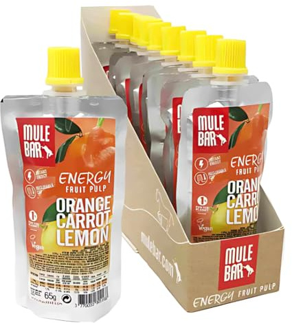 MULEBAR – Boîte de 10 Compotes Énergétiques – Saveur Orange, Carotte & Citron – Ingrédients 100% Naturels – Vegan – Sans Gluten – Fabriquées en France – 65 g