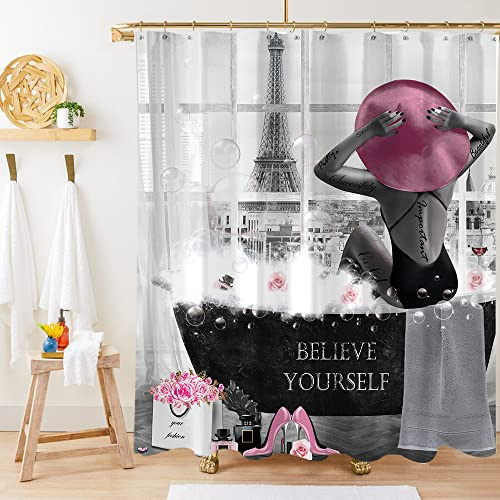 Miyotaa Ensemble de rideaux de douche modernes de 152,4 cm x 180,9 cm de large et sexy avec 12 crochets Motif Tour Eiffel Rose Gris