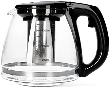 HOMLA Melzo Tee- und Kaffeekanne mit Brüher Sieb - Für heiße Flüssigkeiten, Kräuterbrühe - Minimalistisches Design Glas Kunststoff Edelstahl 1,4 l