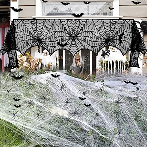 Halloween Deko Spinnennetz Spinnen Halloween Dekoration, Spinnennetz Deko, Schwarz Spitze Spinnennetz Kamin Tür Dekostoff + 100g Spinnweben + 30 Spinnen + 16 Fledermäuse für Halloween Dekorationen