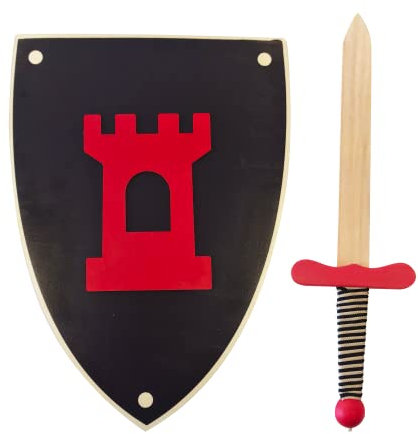 Handgefertigtes Ritter Schwert und Schild aus Holz - Spielzeug für Kinder, Jungen und Mädchen - Kompliment für Spiele, Imitationsspiele, Kostüm, Mittelalter, Krieger, Mottoparty (38 cm, Schwarz)
