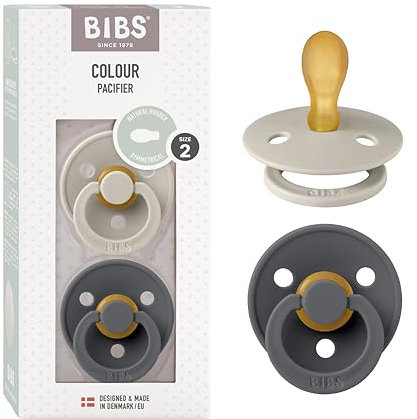 BIBS Colour Schnuller 2er-Pack, BPA-frei, Symmetrischer Sauger. Naturkautschuk / Latex, Hergestellt in Dänemark. 6-18 Monate (2er Pack), Sand & Iron