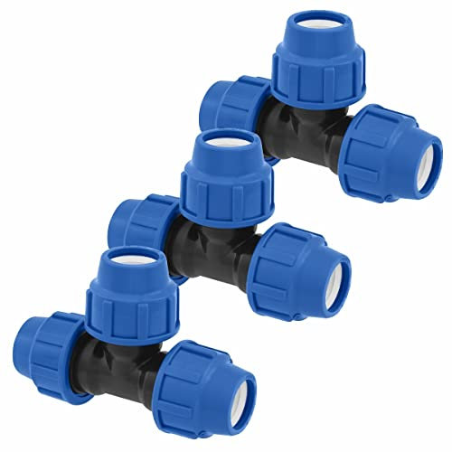 SmartProduct T-Stück PE Rohr Fitting 32mm x 32mm x 32 mm Verschraubung PN16 DVGW Trinkwasser zertifiziert – Klemmverbinder – PP T Kupplung kompatibel mit PE80 PE100 Rohren – 3 Stück