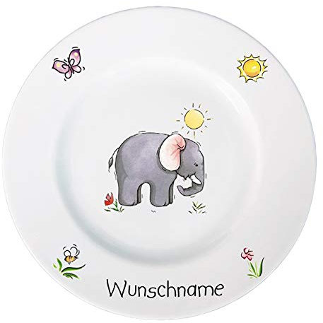 Doriantrade Frühstücksteller Kinderteller Teller Porzellan Elefant personalisierbar mit Wunschname Name Kindergeschirr mit Namen personalisiert