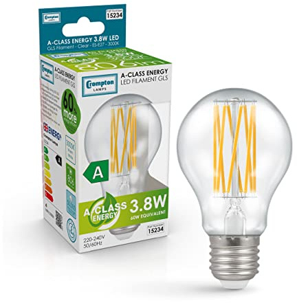 Crompton Lamps LED Ultra-Efficient GLS 3.8W ES-E27 A-Class (60W Equivalent) 3000K Warm White Clear 806lm ES Screw E27 A-Rated Light Bulb