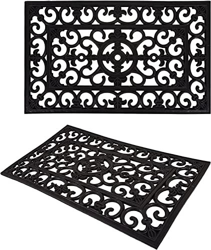 AuraHome Heavy Duty Rubber Door Mat | Wrought Iron Effect | Decorative Scroll Doormat Patio Front Door | Non-Slip Indoor Outdoor Use Black Mats Waterproof Entrance Mat Classic Mat (45 x 75cm)