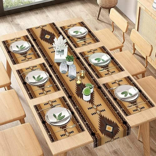 ArtSocket Western South Tischläufer und Platzsets, 6er-Set, ethnisches Boho-Design, Aztekenmuster, bunte Blume, Essdekoration für den täglichen Gebrauch (1 Tischläufer 183 cm lang und 6 Platzdeckchen)