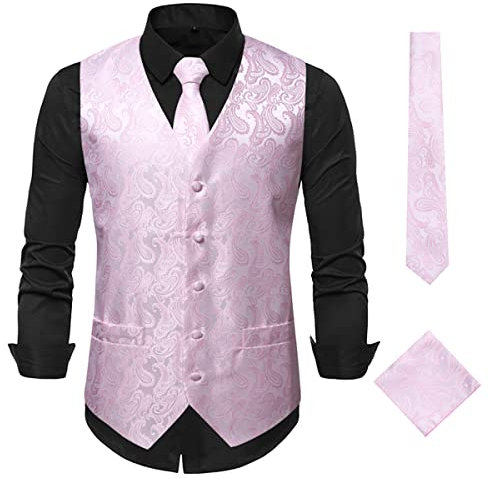 Oanviso Gilet da Suit da Uomo Classico Paisley Jacquard Panciotto Slim Fit Monopetto Gilet 3 Pezzi Gilet Set (Gilet da Abito+Cravatta/Papillon+Fazzoletto) Elegante Formale Gilet A Rosa XL