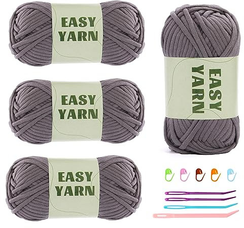 4 X 50g Häkelgarn Wolle zum Häkeln Chenille Wolle Zum Häkeln Chenille Dicke Wolle Zum Häkeln gut Sichtbare Maschen, Dicke Wolle zum Häkeln Dickes Baumwoll-Nylon-Dunkelgrau mit Häkelzubehör