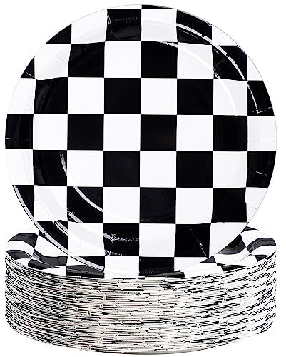 50 Packs Racing Car Paper Plates 9 Black and White Disposable Plates Checkered Flag Party Plates Round Dessert Dinner Paper Plate for Race Car Party Supplies Kids Birthday Tableware