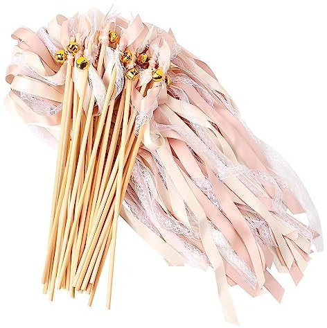 30 Pièces Bâton de Ruban de Mariage, Banderoles de Baguettes de Ribbon de Fée de Couleur avce Cloches, Chromatique Serpentins pour les Décorations de Fête Anniversaires (Ruban champagne + Dentelle)