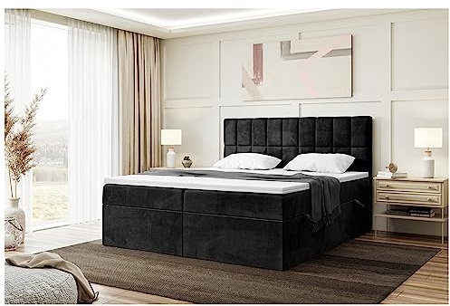 MEBLINI Boxspringbett mit Bettkasten - 180x220 - H4/Schwarz Samt - Lukas - Gepolstert Doppelbett mit Matratze und Topper - Polsterbett mit Stauraum - Bett mit Kopfteil - Stauraumbett