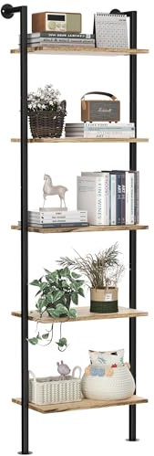 5-Tier Solid Wood Bookshelf, Narrow Ladder Display Shelf, Rustic Brown - Wall Mount, Industrial Style, Storage Solution for Living Room & Bedroom